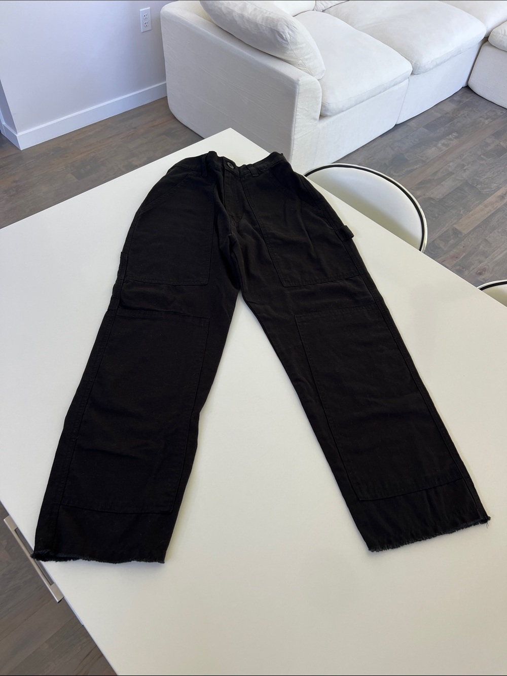 NOBLE artist pant black high waisted elastic back stretch waist raw hem pockets